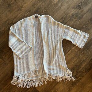 Wooden Ships Long Fringe Sweater Wrap Gray and White One Size